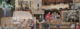 Collage of color and black and white photos of crew members, and crew areas, against the background of a kitchen sign, including the Pinewoods Camp Centennial logo.